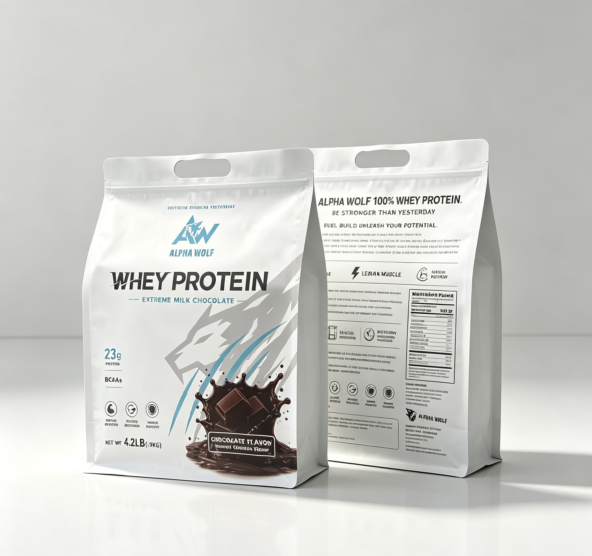 Alpha Wolf whey protein front and back packaging